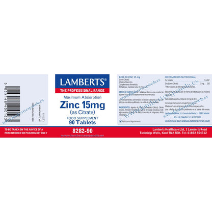 Zinc 15 mg Lamberts 90 tabletas