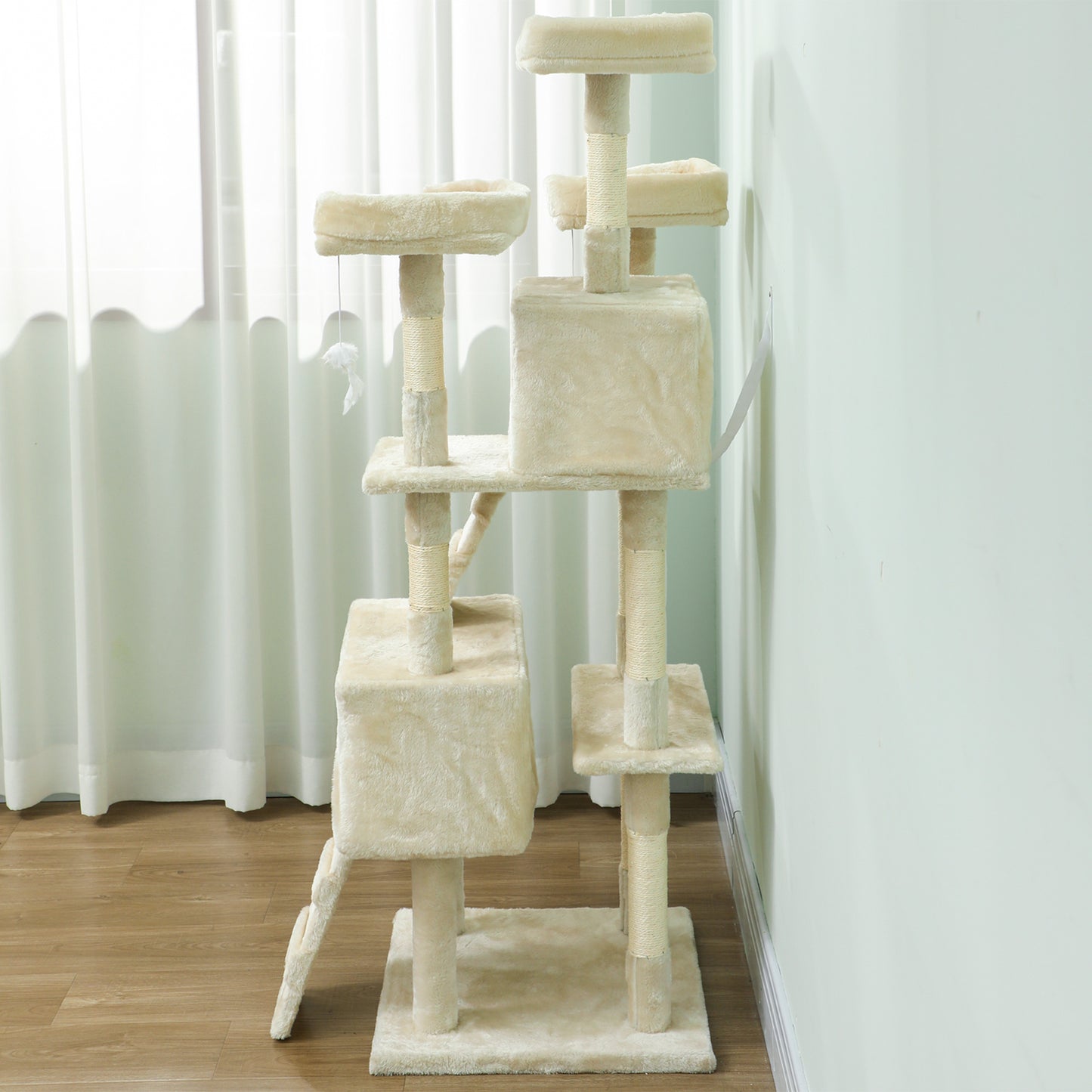 Pawhut Árbol Rascador Para Gatos 153 Cm Con 2 Cuevas 3 Camas 2 Rampas Crema_3