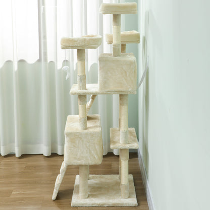 Pawhut Árbol Rascador Para Gatos 153 Cm Con 2 Cuevas 3 Camas 2 Rampas Crema_3