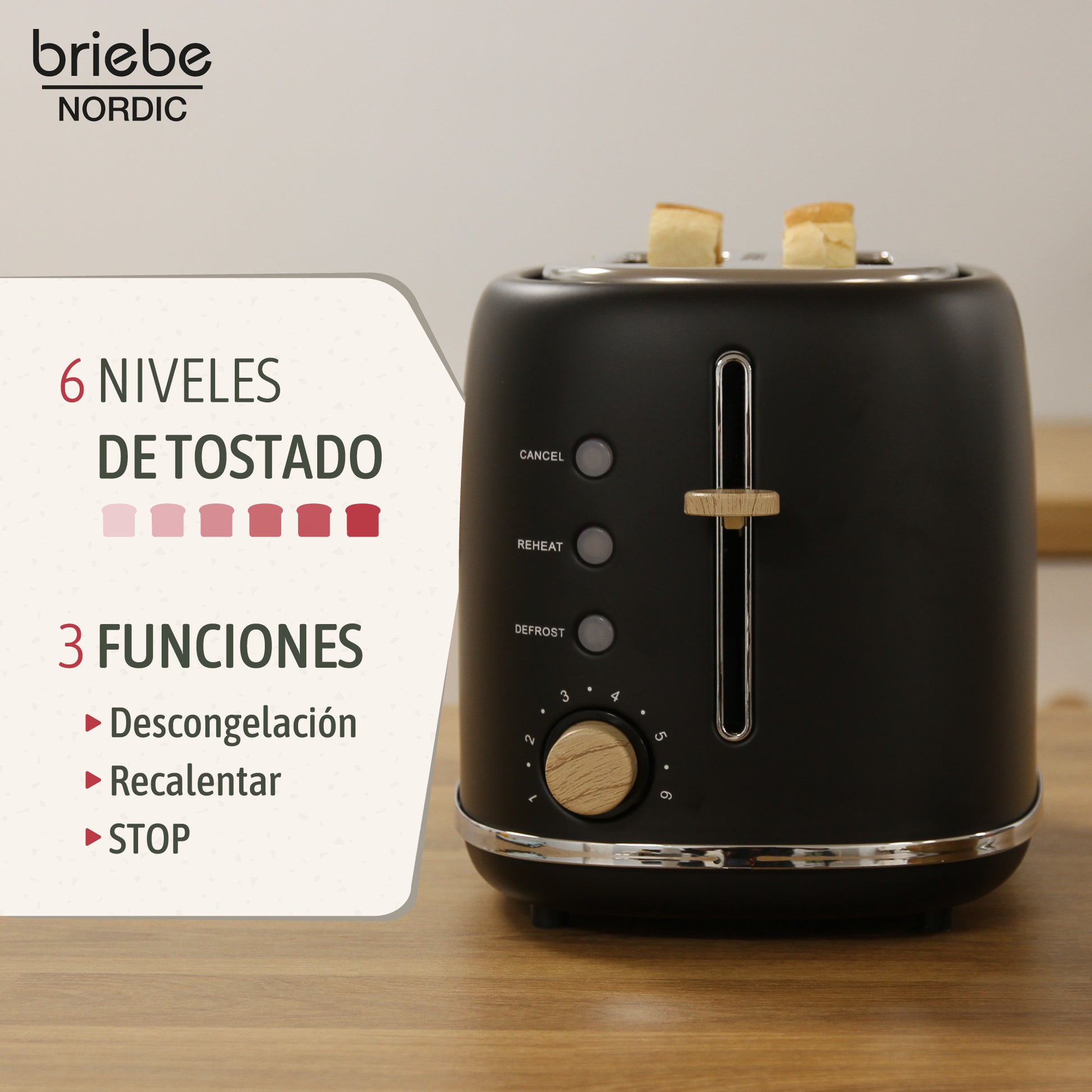 Briebe Nordic Tostadora Pan Ranura Ancha, Tostador 2 Rebanadas, 6 Niveles Tostado, Calientapanecillos, Ta1166blk, Negro_2