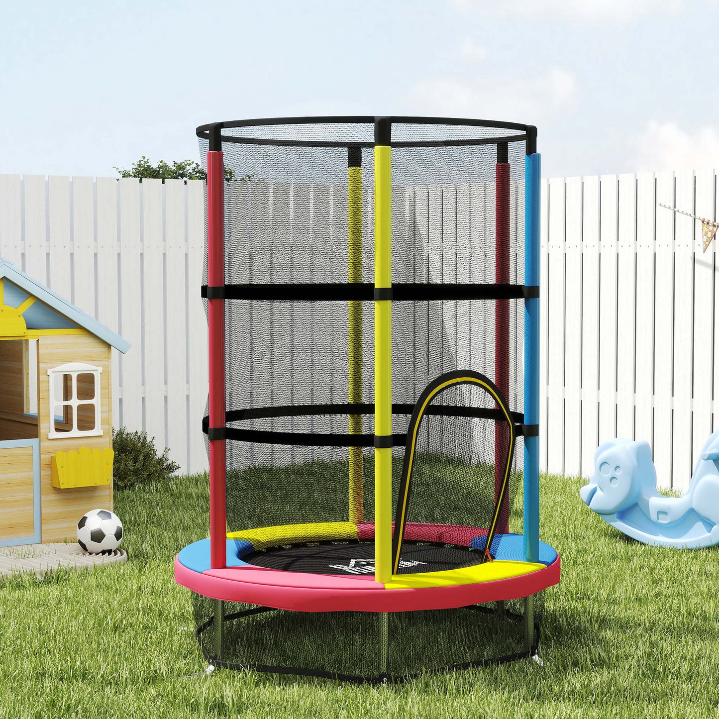 Homcom Cama Elástica Infantil, Ø160 Cm Con Red De Seguridad Multicolor_1