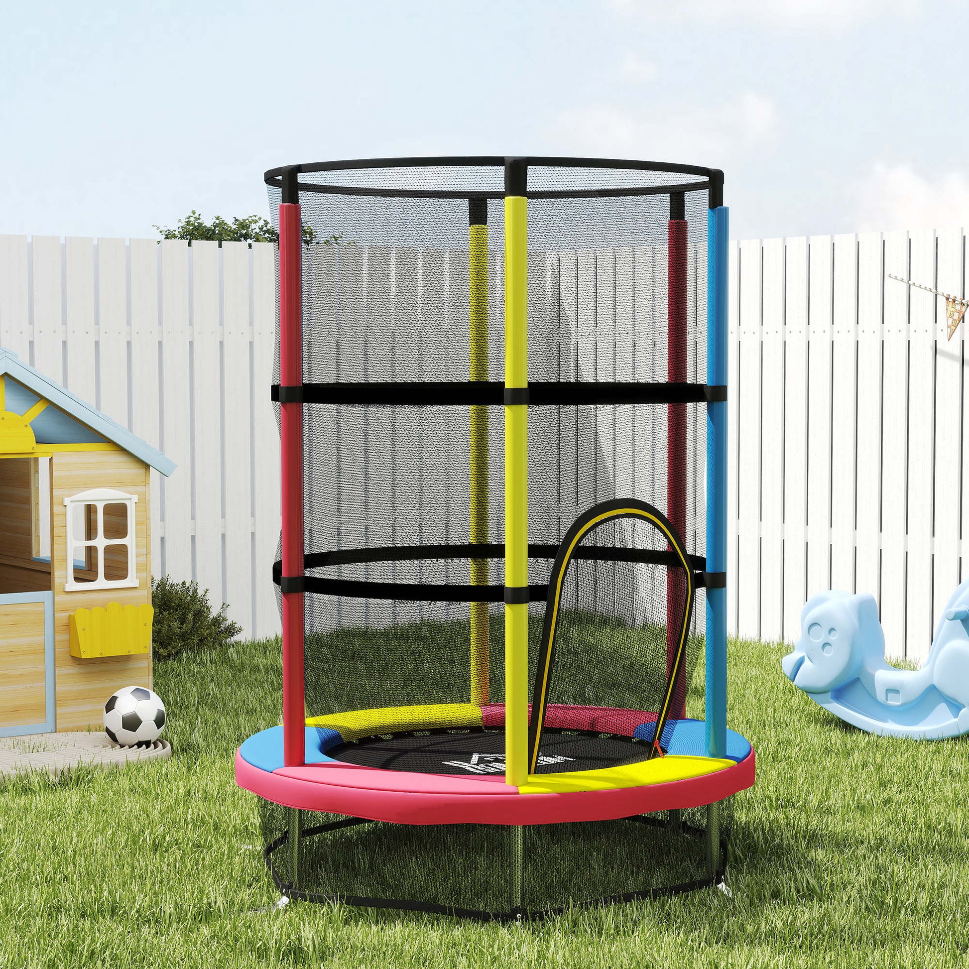 Homcom Cama Elástica Infantil, Ø160 Cm Con Red De Seguridad Multicolor_1