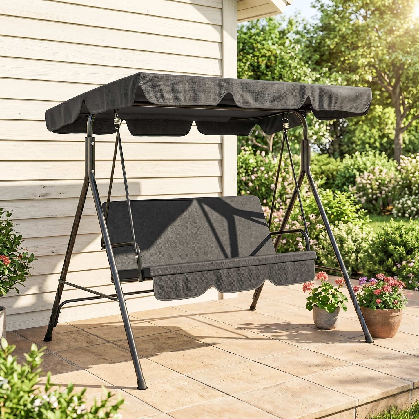 Outsunny Columpio De Jardín De 3 Plazas Con Techo Ajustable 172x110x153cm Negro_1