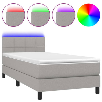 Cama Box Spring Colchón Y Luces Led Tela Gris Claro 100x200 Cm / Vetonek_3