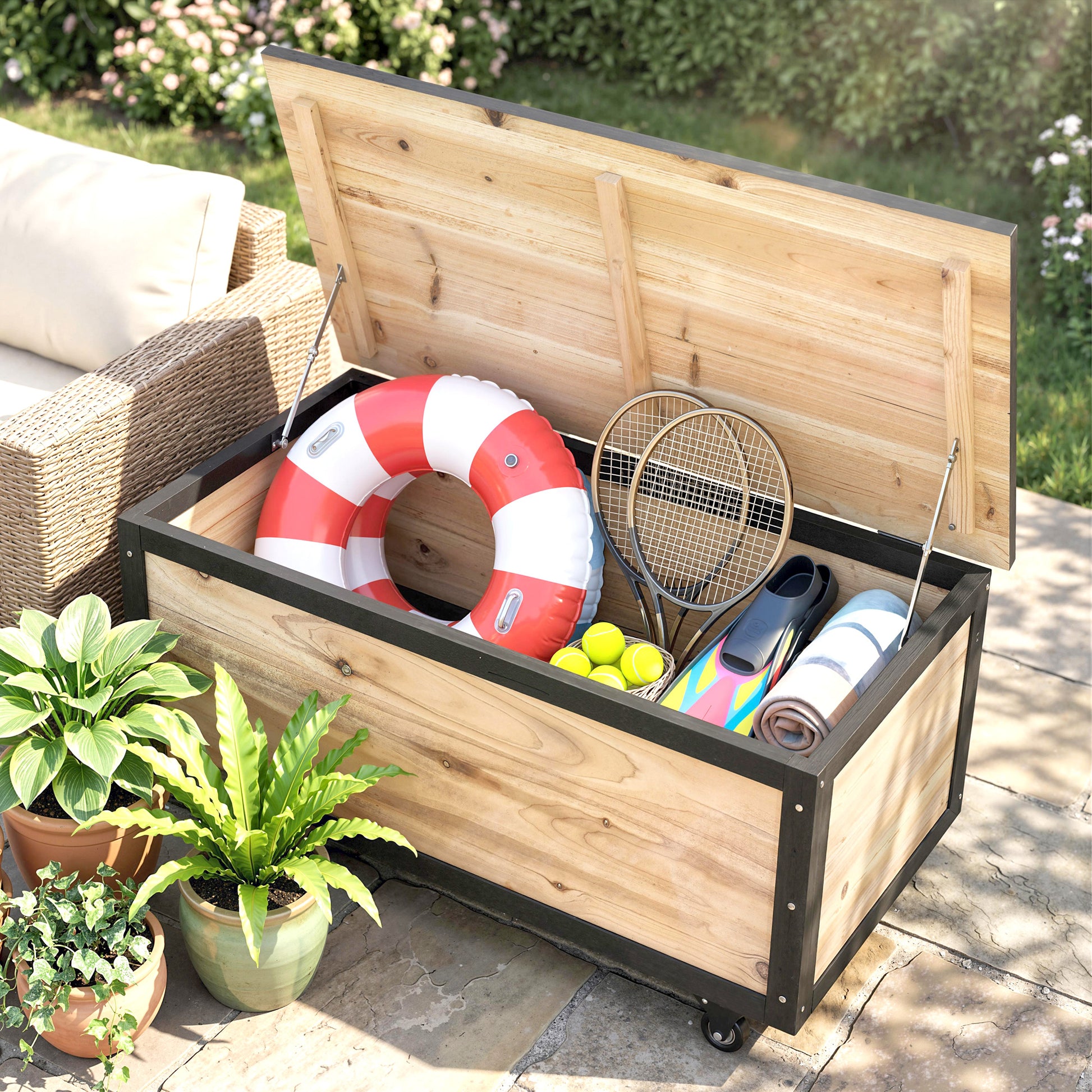 Outsunny Baúl De Exterior Con 4 Ruedas 100x50x43 Cm Natural Y Negro_4