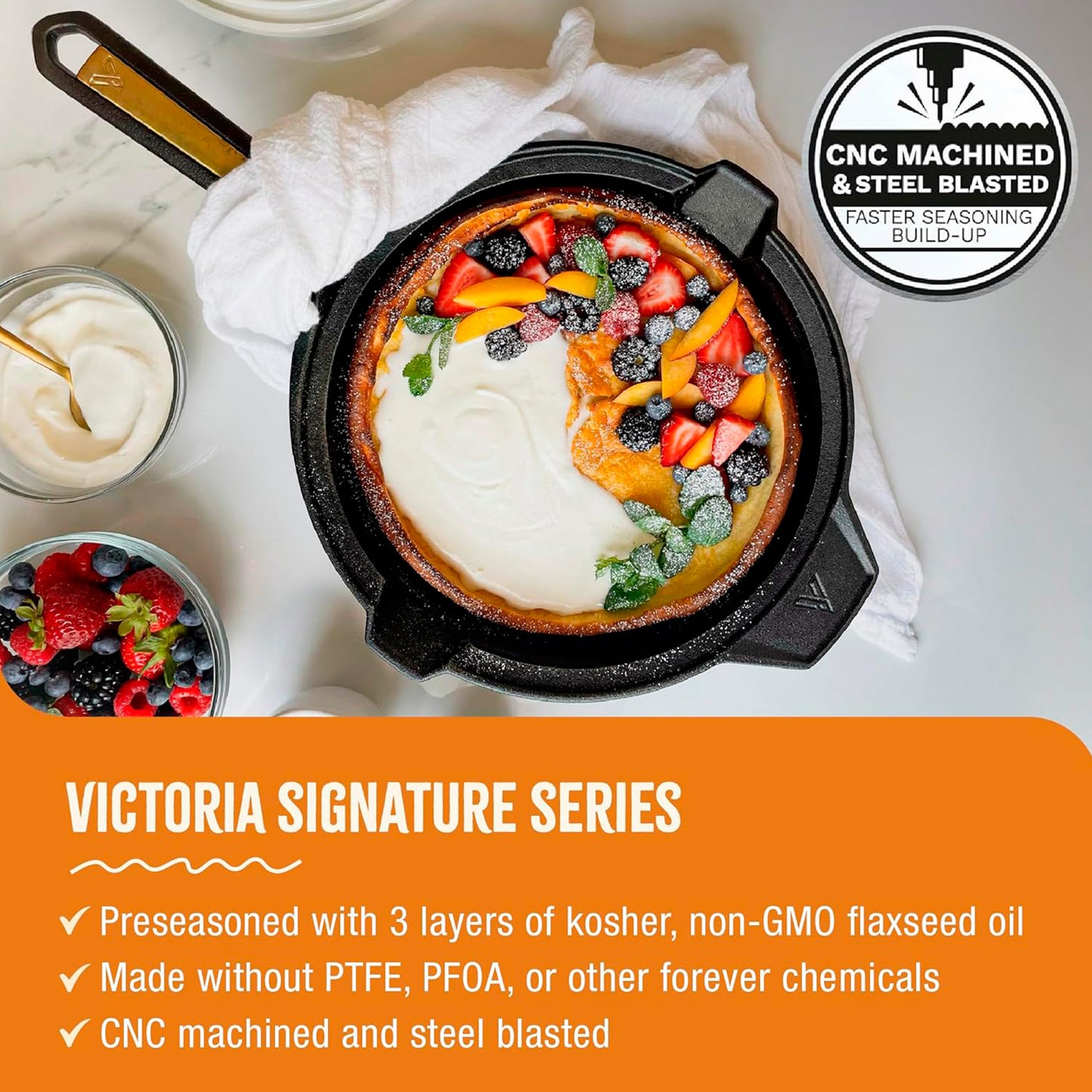 Victoria Sartén Hierro Fundido Curado Signature Gold Inducción 25cm, Apta Fuego, Barbacoa, Horno, Vitrocerámica_2