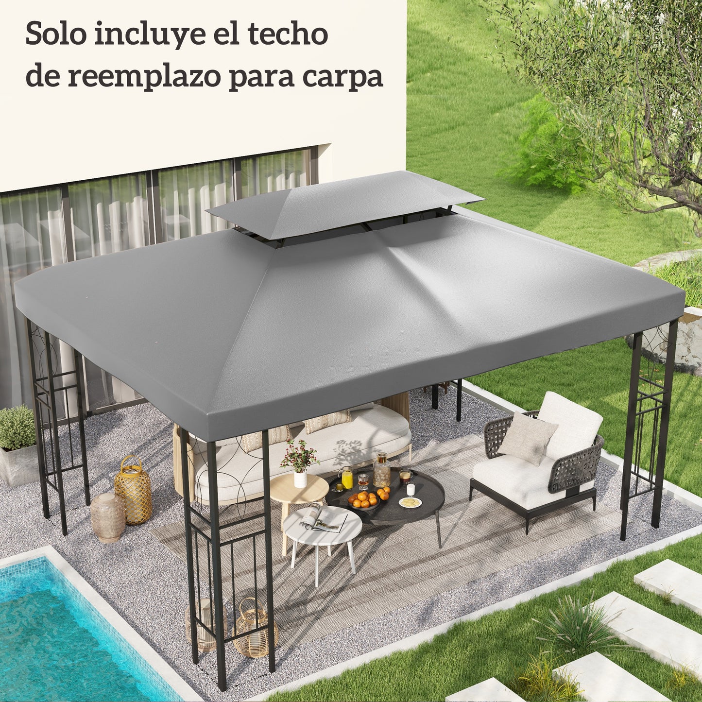 Outsunny Techo De Repuesto Para Cenador 4x3 M Con Techo Doble Protección Uv Gris_1