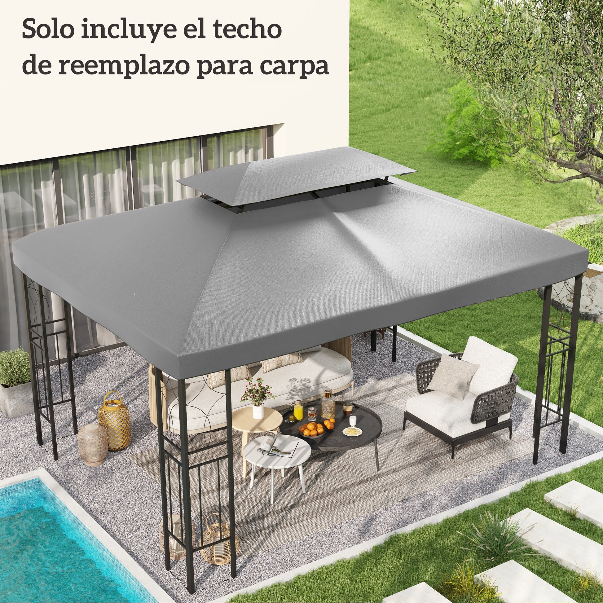 Outsunny Techo De Repuesto Para Cenador 4x3 M Con Techo Doble Protección Uv Gris_1