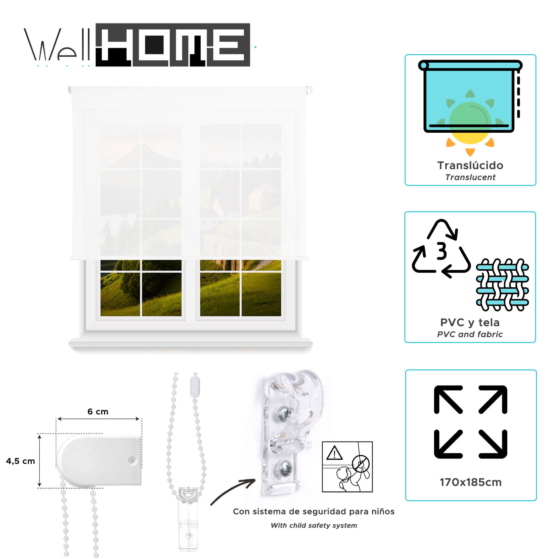 Estor Blanco 170x175cm Translúcido Enrollable Wellhome_1