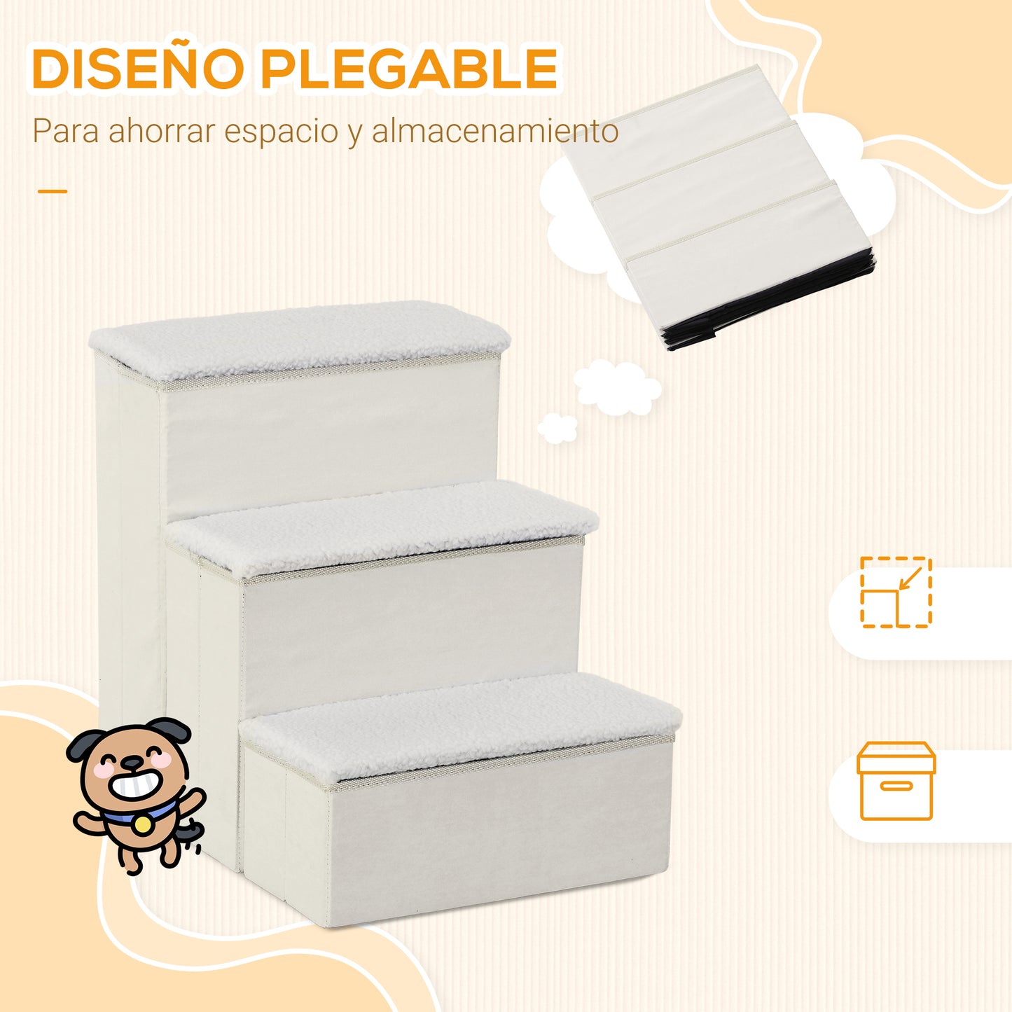 Escalera Para Mascotas 3 Peldaños Plegable Con Tapas Abatibles 40x54x48cm Blanco_3