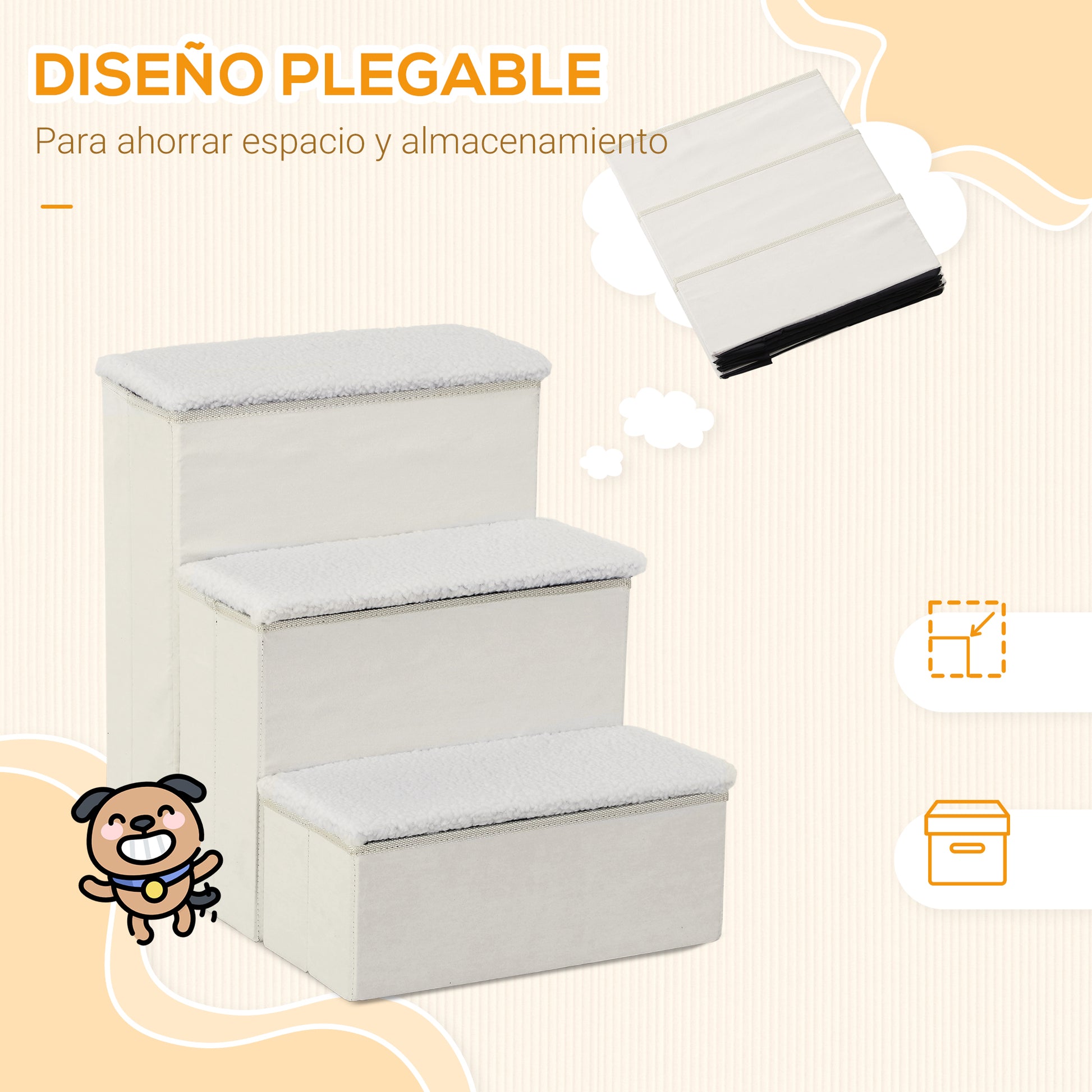 Escalera Para Mascotas 3 Peldaños Plegable Con Tapas Abatibles 40x54x48cm Blanco_3