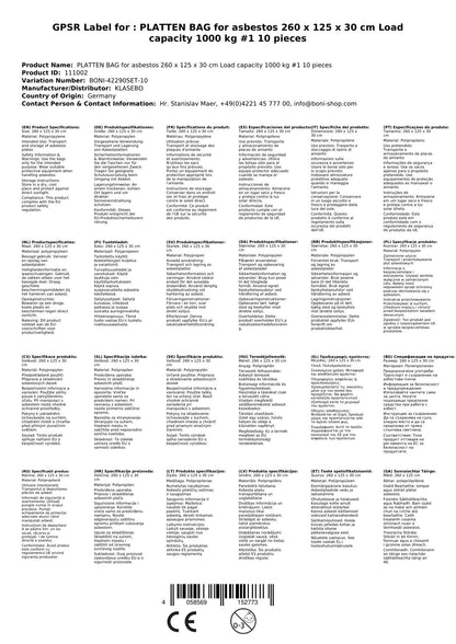 Platten Bag Für Asbest 260 X 125 X 30 Cm Tragkraft 1000 Kg #1 10 Stück