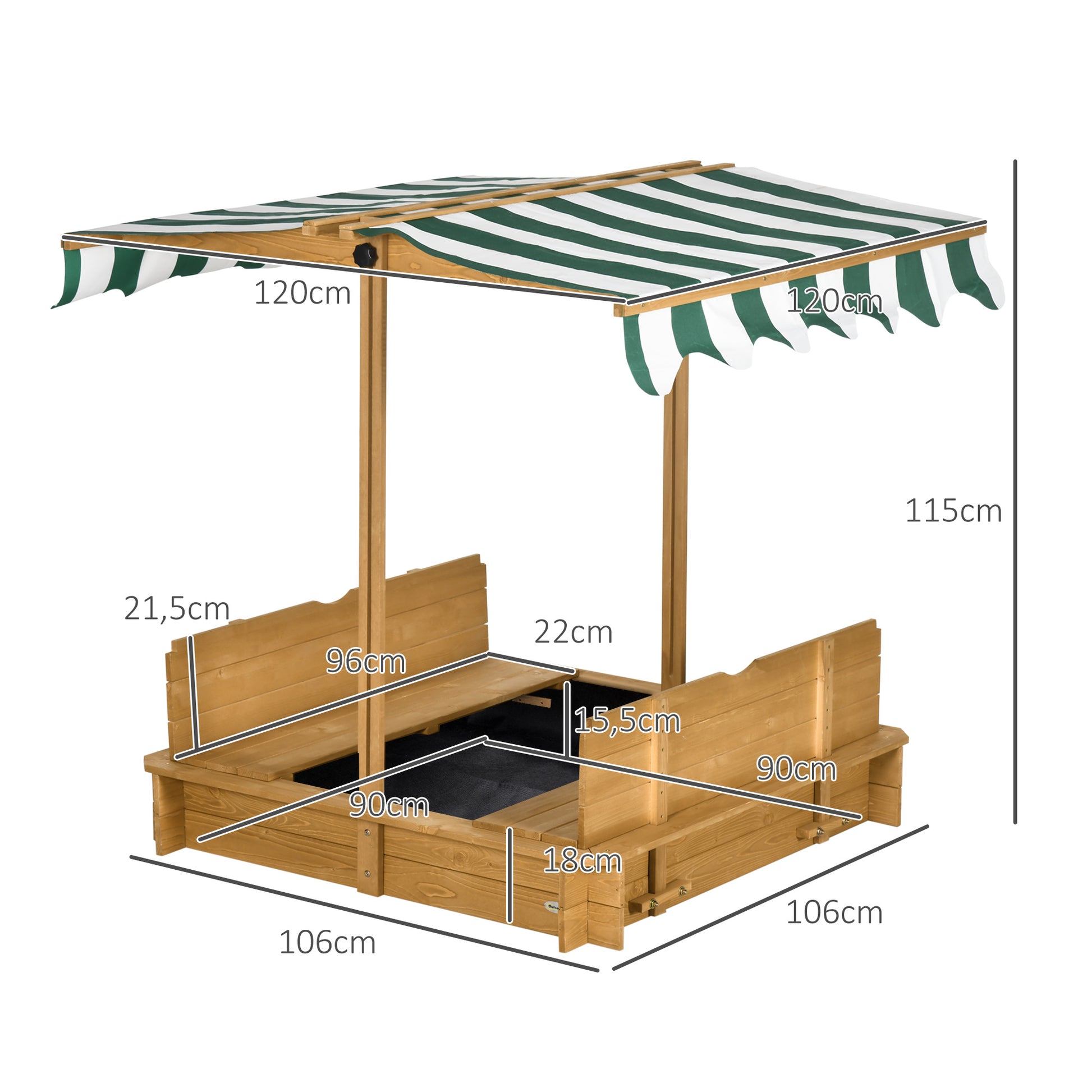 Outsunny Arenero Para Niños De Madera Con Toldo Ajustable 106x106x115 Cm Natural_2