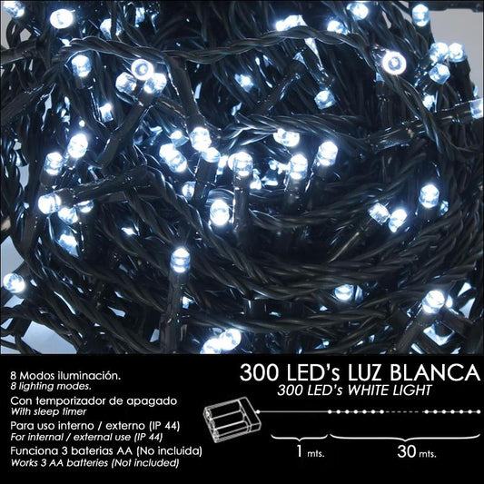Luces Navidad A Pilas 300 Leds Luz Blanca Interior / Exterior (ip44)_0