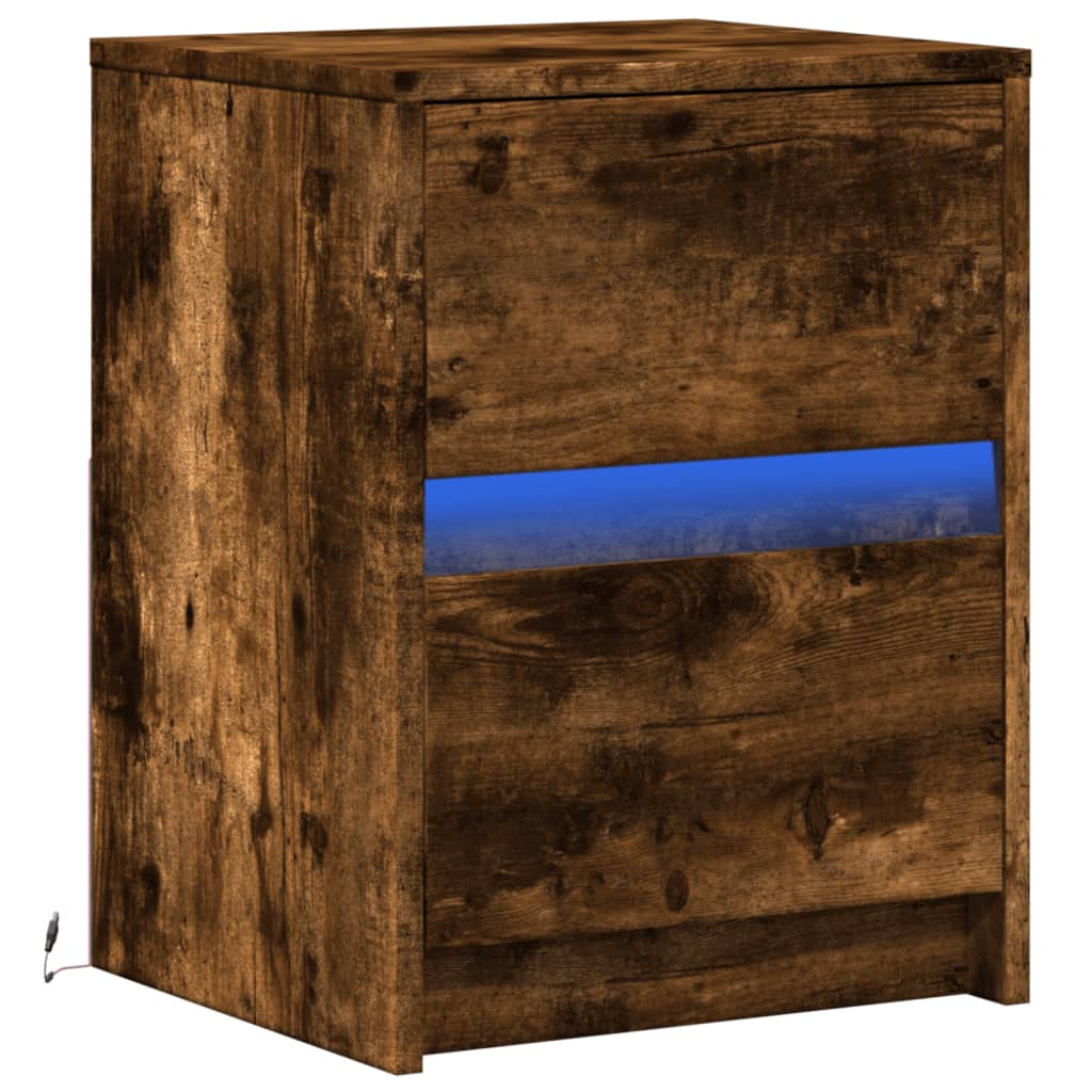 Mesita De Noche Con Luces Led Madera Ingeniería Roble Ahumado_1