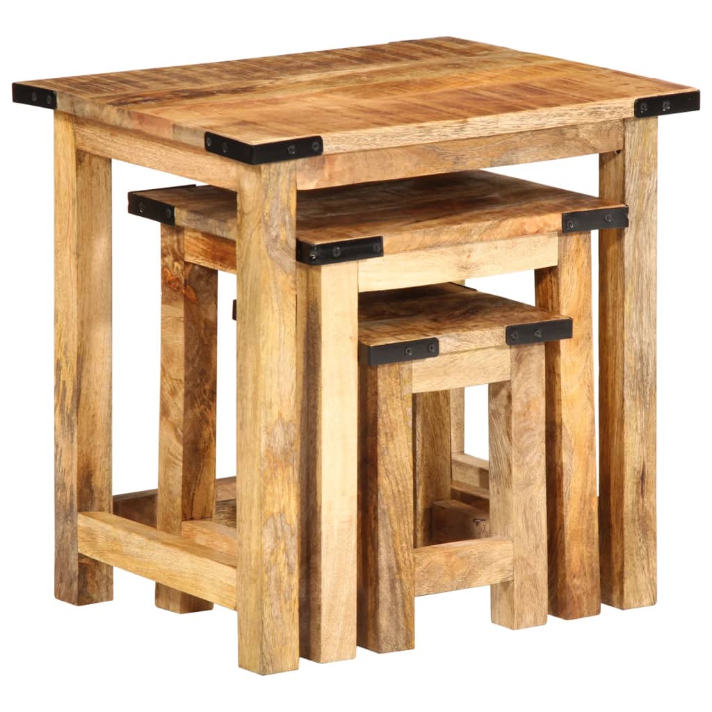Mesas Apilables 3 Piezas Madera Maciza De Mango Rugosa_1