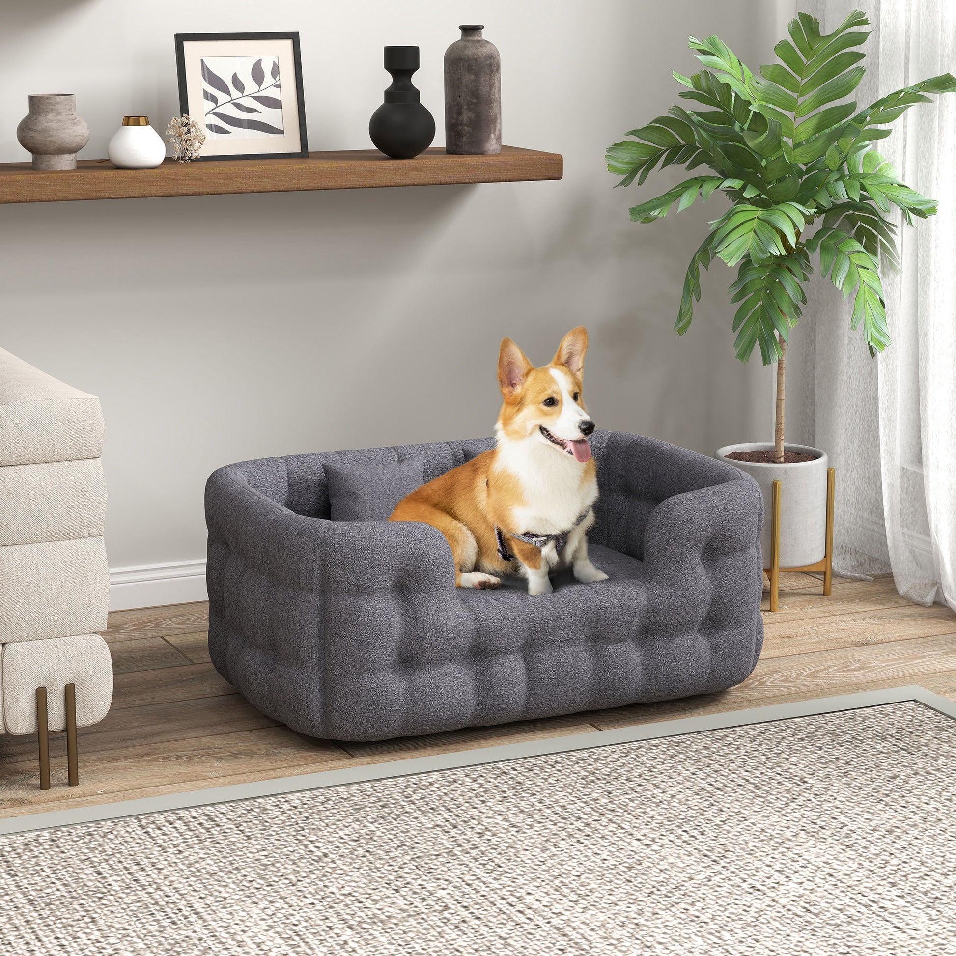 Pawhut Cama Para Perros Medianos Con 2 Almohadas Antideslizante 90x60x35cm Gris_1