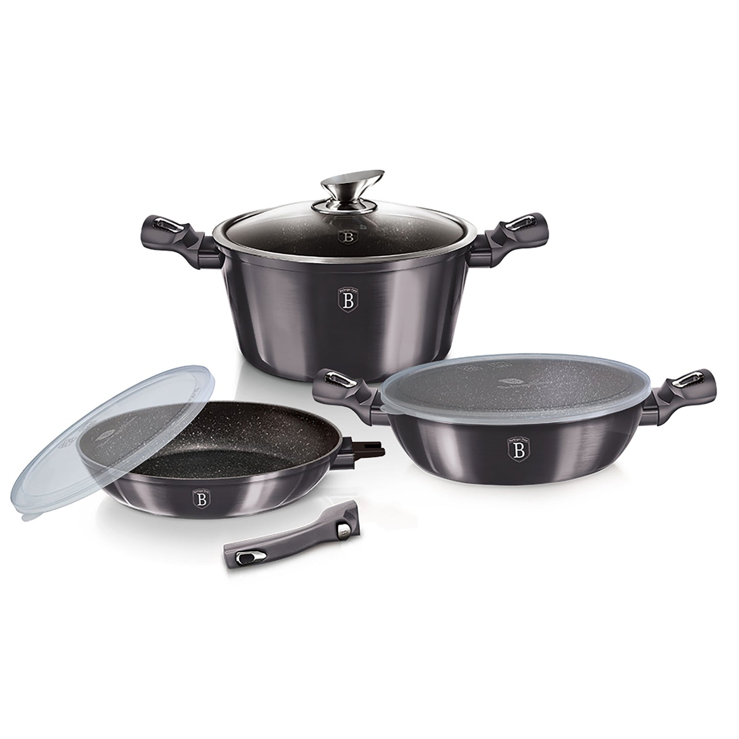 Batería De Cocina Aluminio Forjado Antiadherente Sin Pfoa, Set 2 Cacerolas, 1 Sartén, Tapas Berlinger Haus Carbon Pro Gris Oscuro