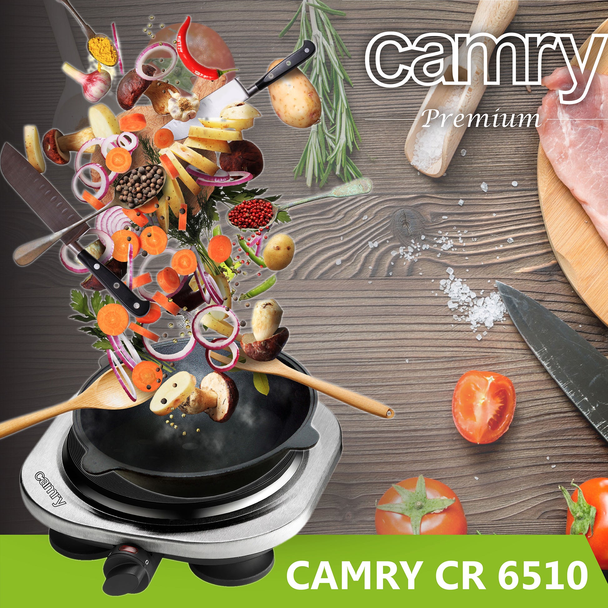 Hornillo Eléctrico, Zona Cocinado 18,5 Cm, Termostato Regulación Continua, Ideal Viaje, Camping Camry Cr6510 Plata