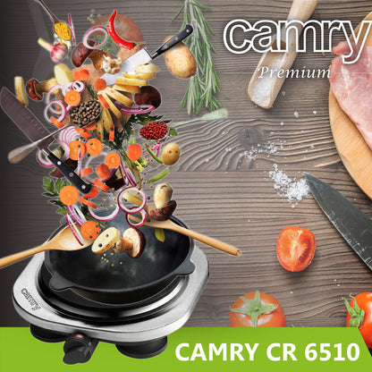 Hornillo Eléctrico, Zona Cocinado 18,5 Cm, Termostato Regulación Continua, Ideal Viaje, Camping Camry Cr6510 Plata