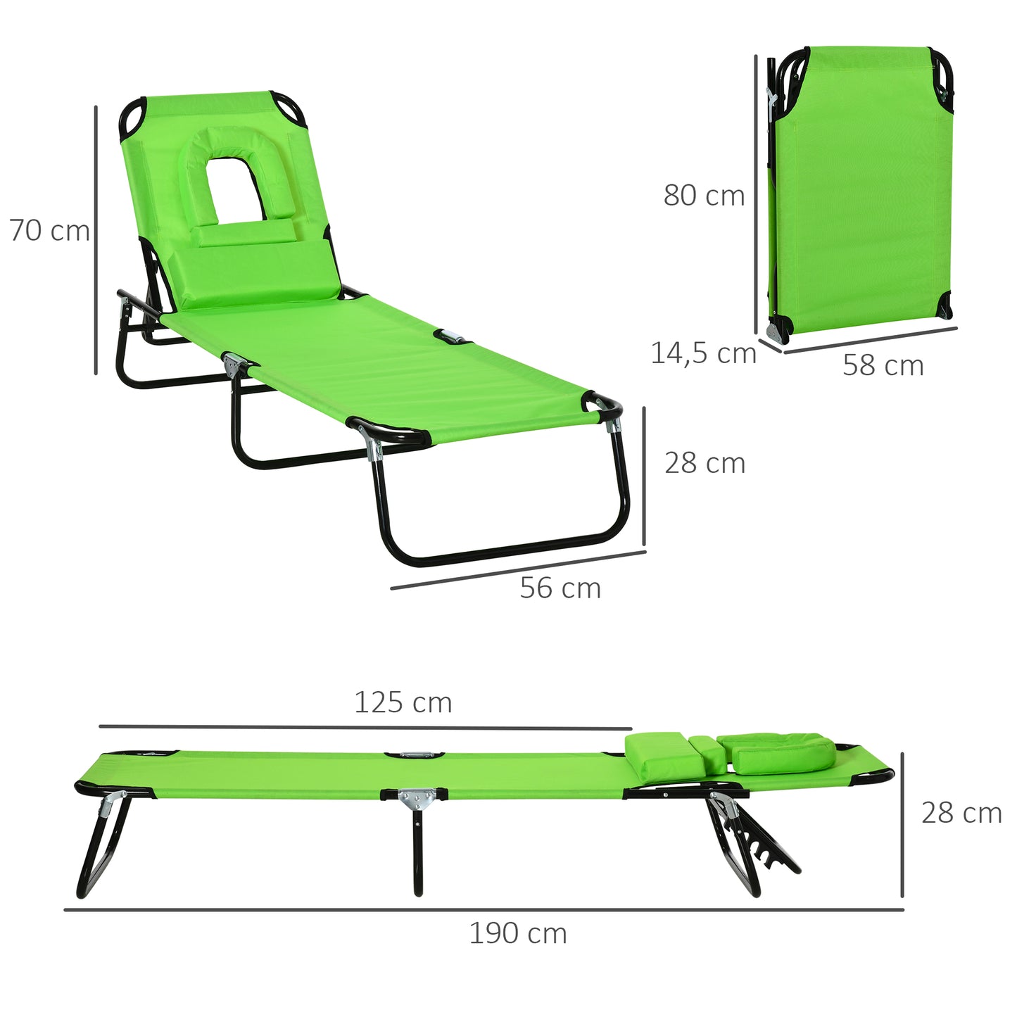 Outsunny Tumbona Plegable De Jardín Con Respaldo Ajustable Almohada Acero Verde_2