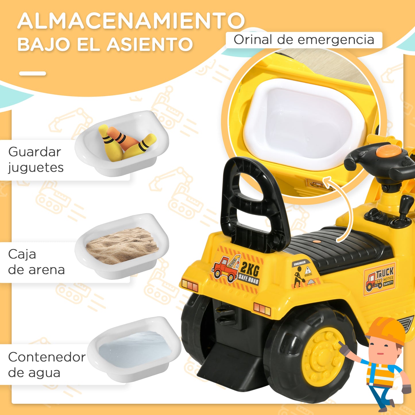 Homcom Tractor Sin Pedales Para Niños De 18 A 48 Meses Con Pala Bocina Amarillo_5