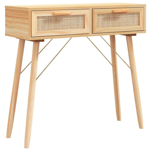 Mesa Consola Madera Pino Maciza Ratán Natural Marrón 80x30x75cm_0