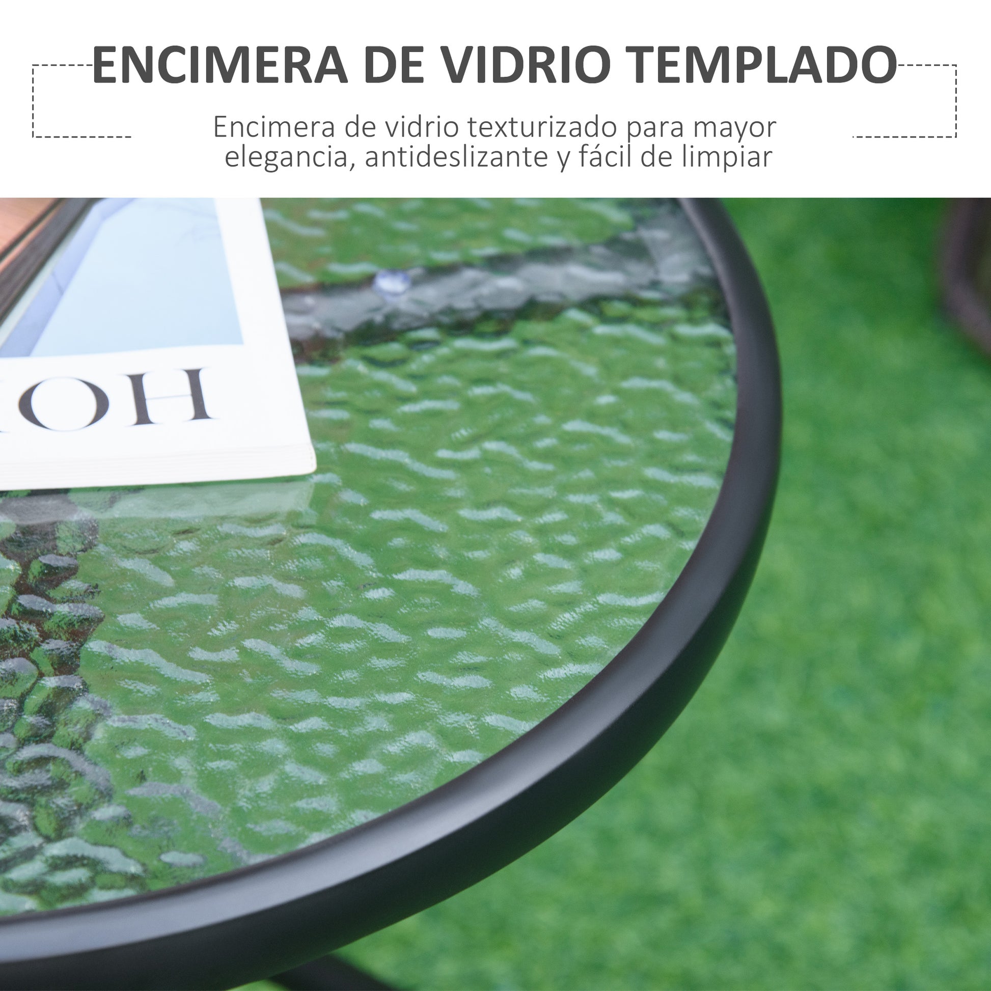 Outsunny Mesa Jardín Redonda Con Tablero De Cristal Para Terraza Ø50x55 Cm Negro_3