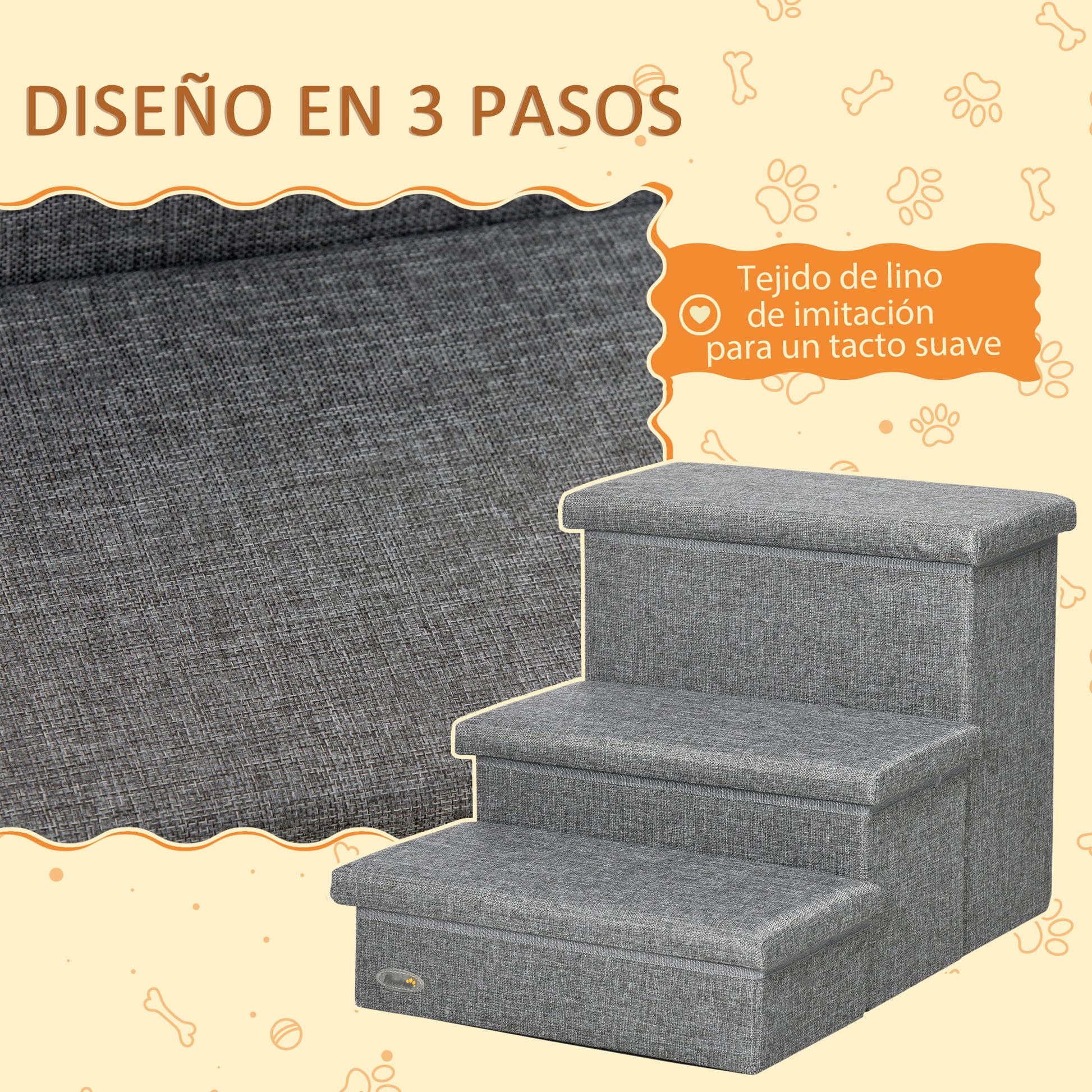 Pawhut Escalera Para Mascotas De 3 Peldaños Con Espacio 63,5x42,5x40,5 Cm Gris_5