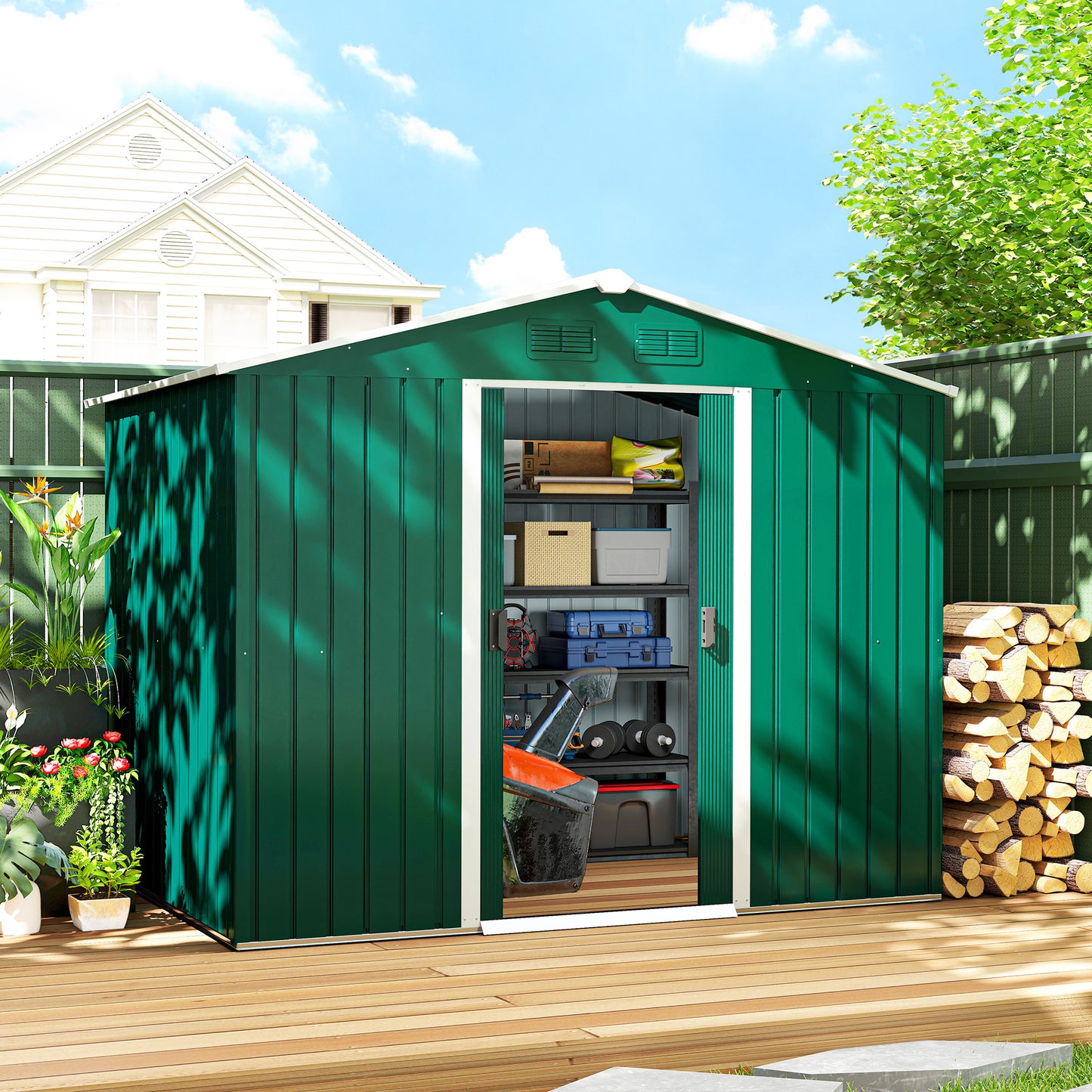 Outsunny Caseta De Jardín 3,6m² 236x174x190 Cm Con Puertas Correderas 4 Ventanas_1