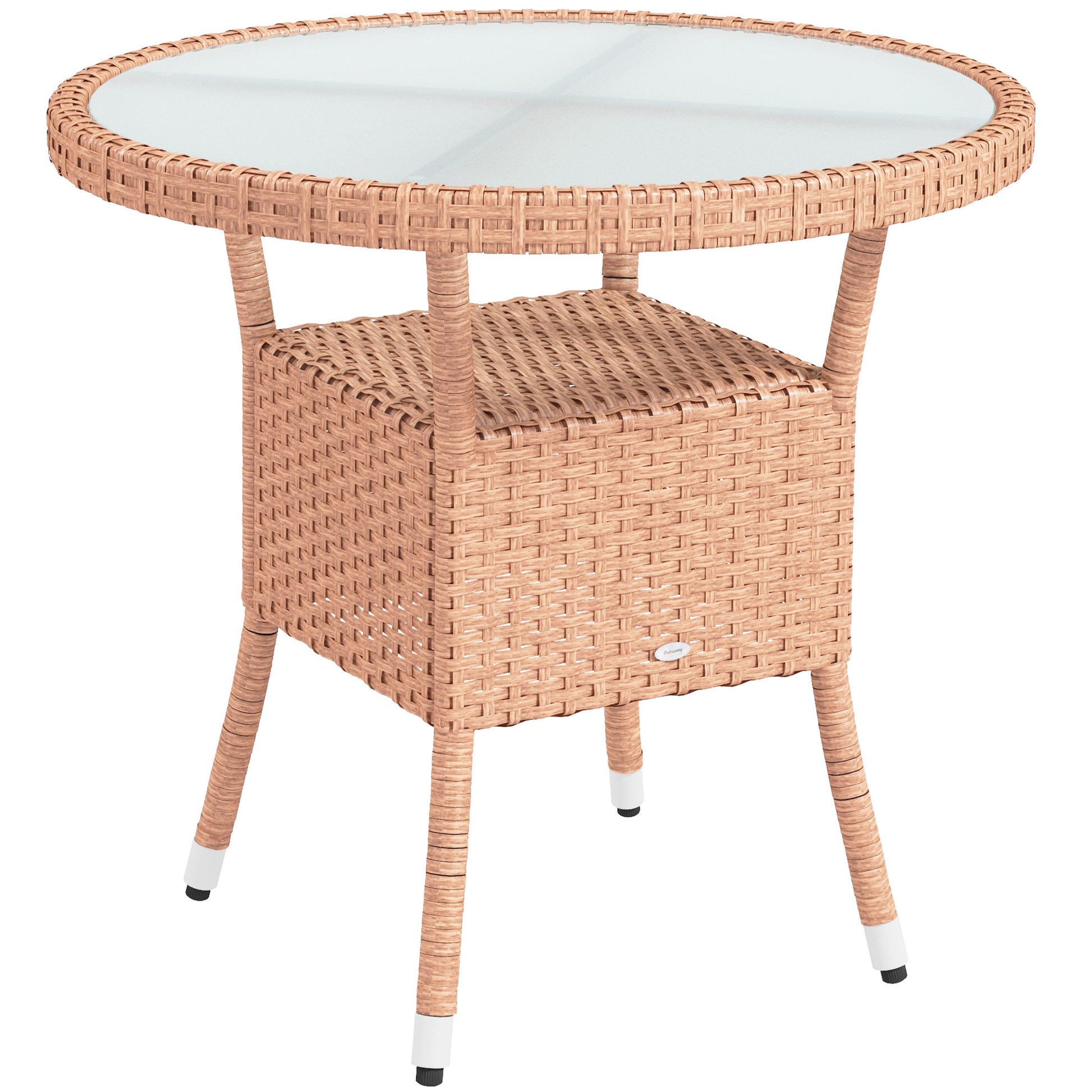 Outsunny Mesa De Ratán Redonda Ø80x75 Cm Con Estante Patas Ajustable Natural_0