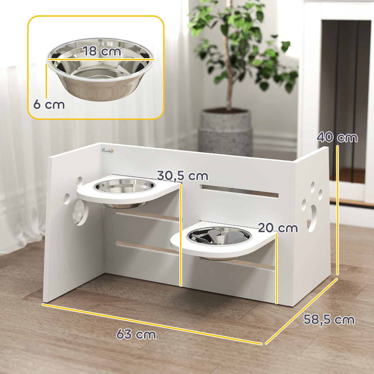Pawhut Comedero Perros Elevado De 3 Alturas Ajustables Cuencos 2x1 L Blanco_2
