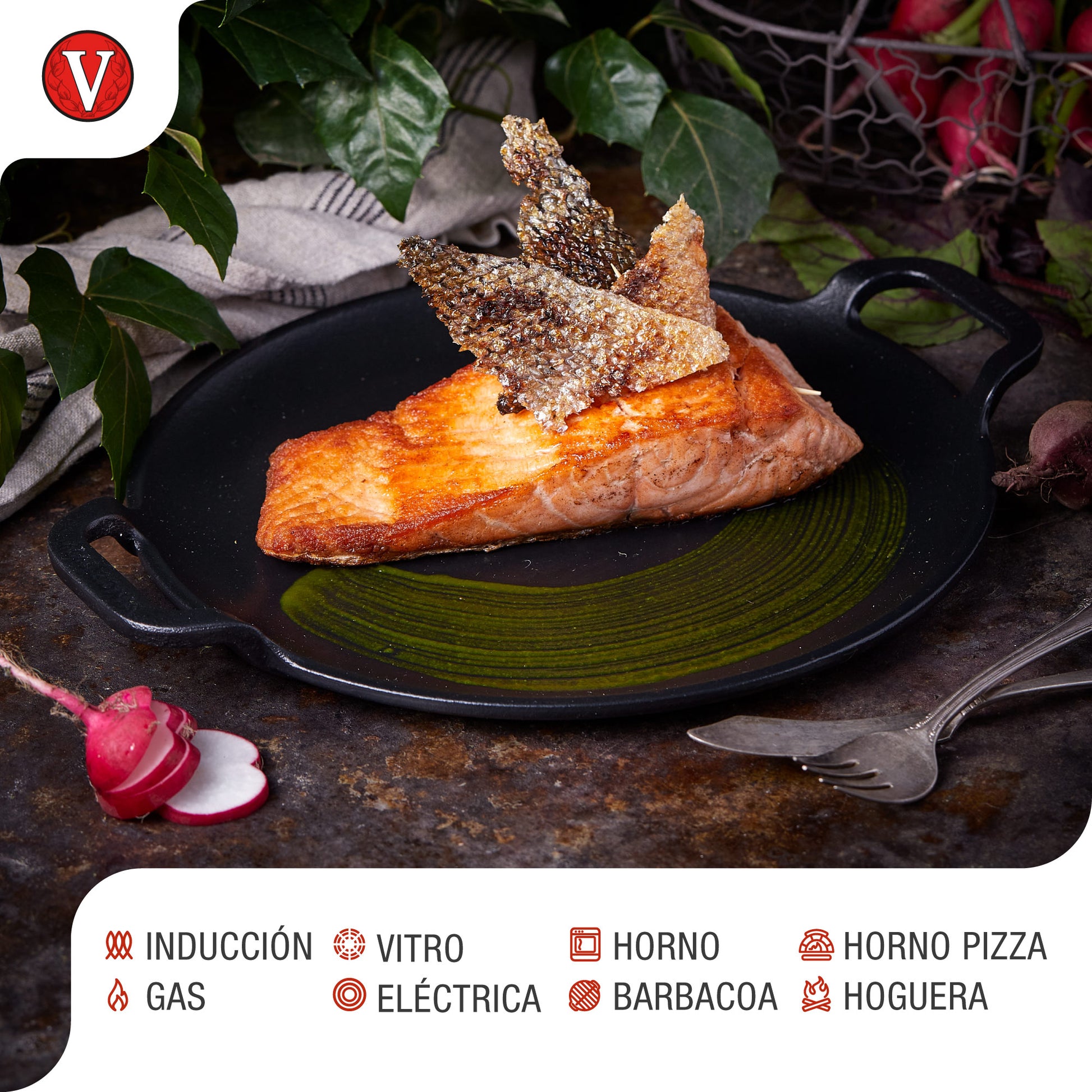 Victoria Plancha Cocina Para Pizza Hierro Fundido Esmaltado Inducción Sartén 25cm Fuego, Barbacoa, Horno, 38328, Negro_3