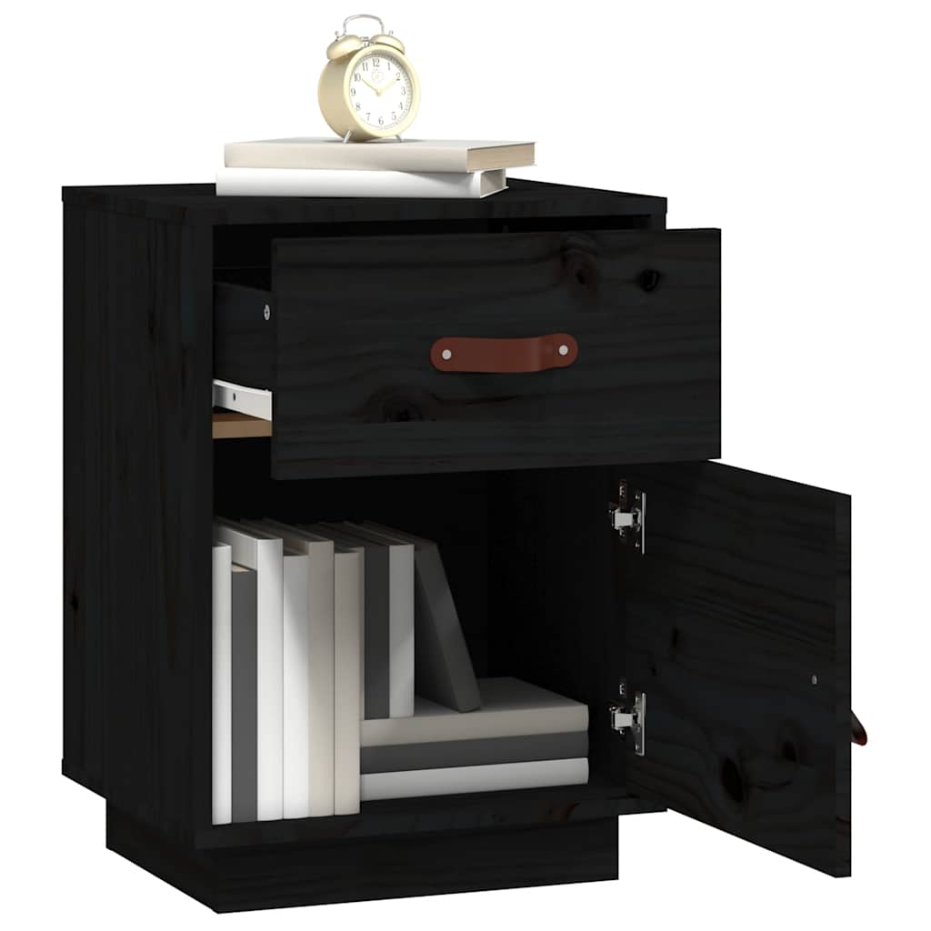 Mesita De Noche Madera Maciza De Pino Negro 40x34x55 Cm_2