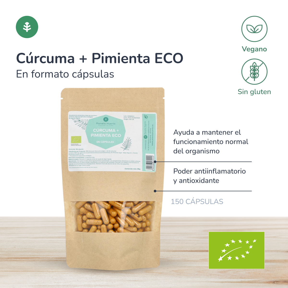 Cúrcuma + Pimienta BIO Planeta Huerto 150 cápsulas
