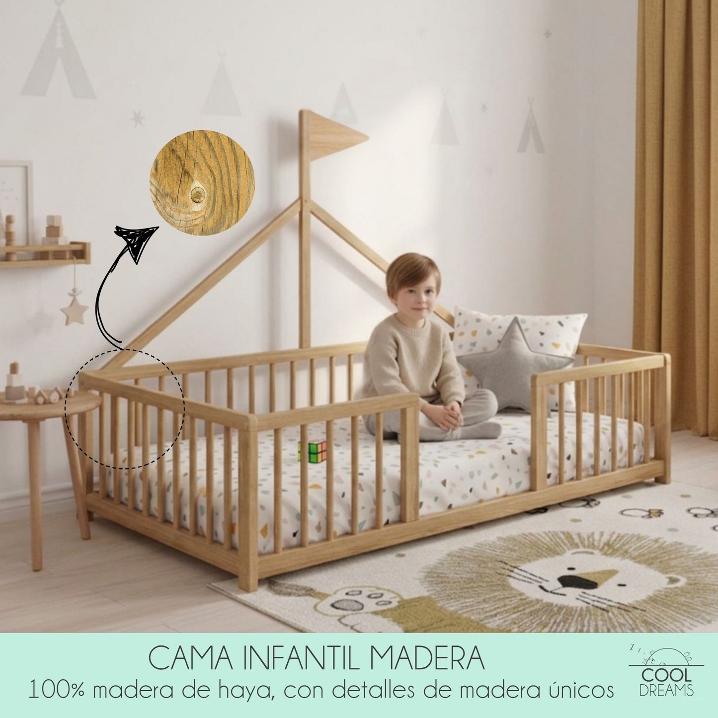 Cama Montessori Apache 140×70 Cm, Madera De Haya Con Colchón Morfeo Y Funda Impermeable, Color Natural_4