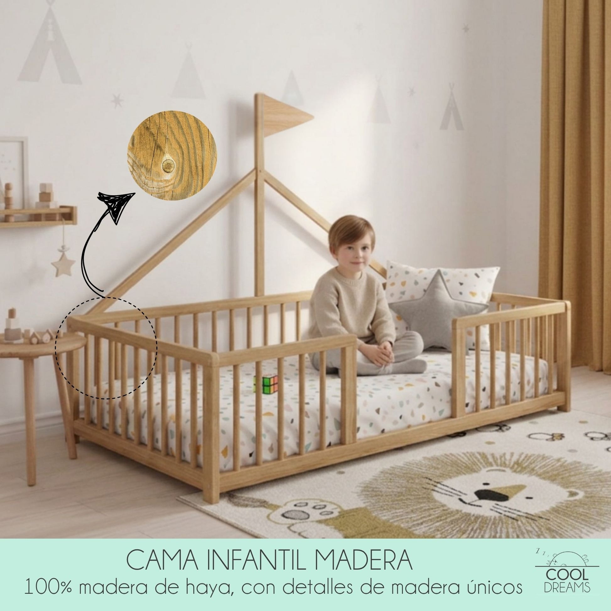 Cama Montessori Apache 140×70 Cm, Madera De Haya Con Colchón Morfeo Y Funda Impermeable, Color Natural_4