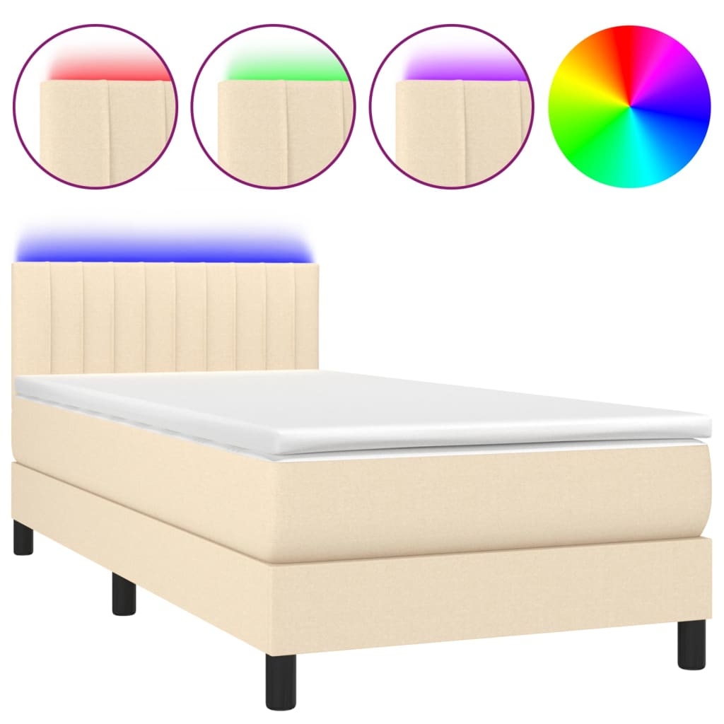 Cama Box Spring Colchón Y Luces Led Tela Crema 100x200 Cm / Vetonek_4