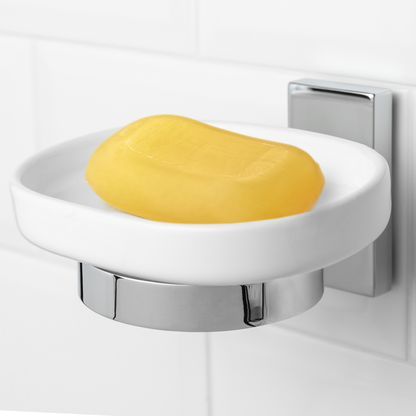 Soporte Cromado De Pared Para Jabón Con Plato Cerámico En Color Blanco Modelo Spool_2