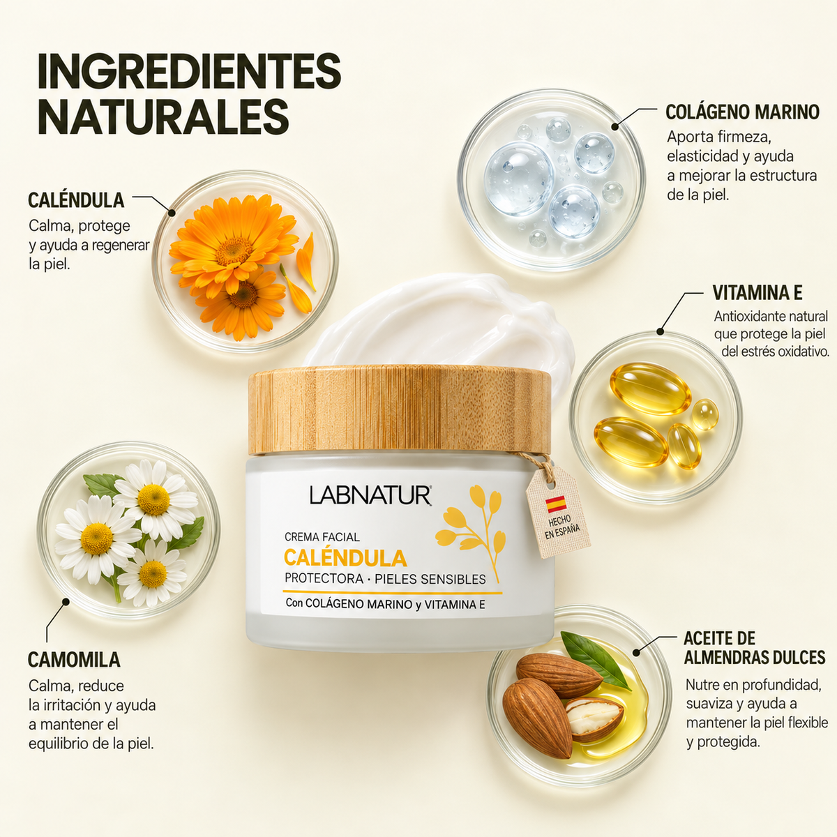 Crema Facial de Caléndula Labnatur 50 ml | Camomila, Almendras y Colágeno Marino | Cuidado Calmante para Piel Sensible_1
