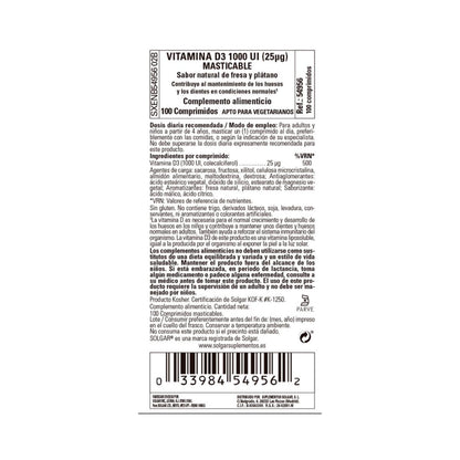 Vitamina D3 1000 UI, 100 comp. masticables de 25μg