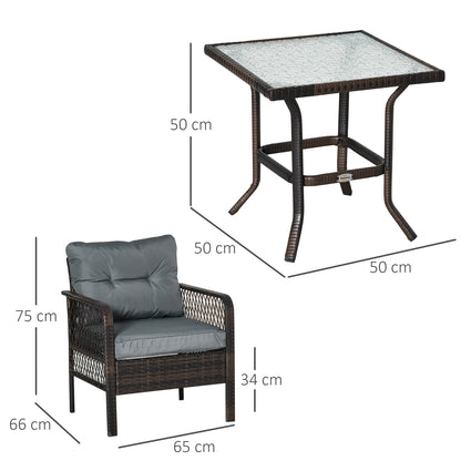 Outsunny Conjunto De Muebles De Ratán Jardín 2 Sillones Y Mesa De Vidrio Marrón_2