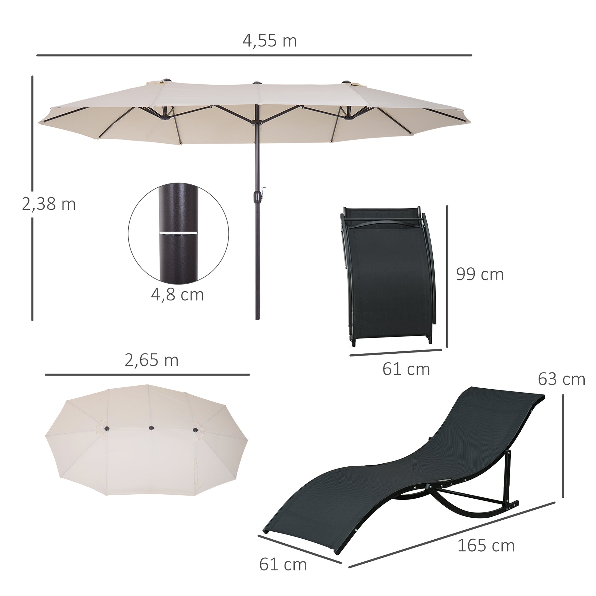 Outsunny Sombrilla Y 2 Tumbonas 4,55x2,65x2,38 M 165x61x63 Cm Beige Y Negro_2