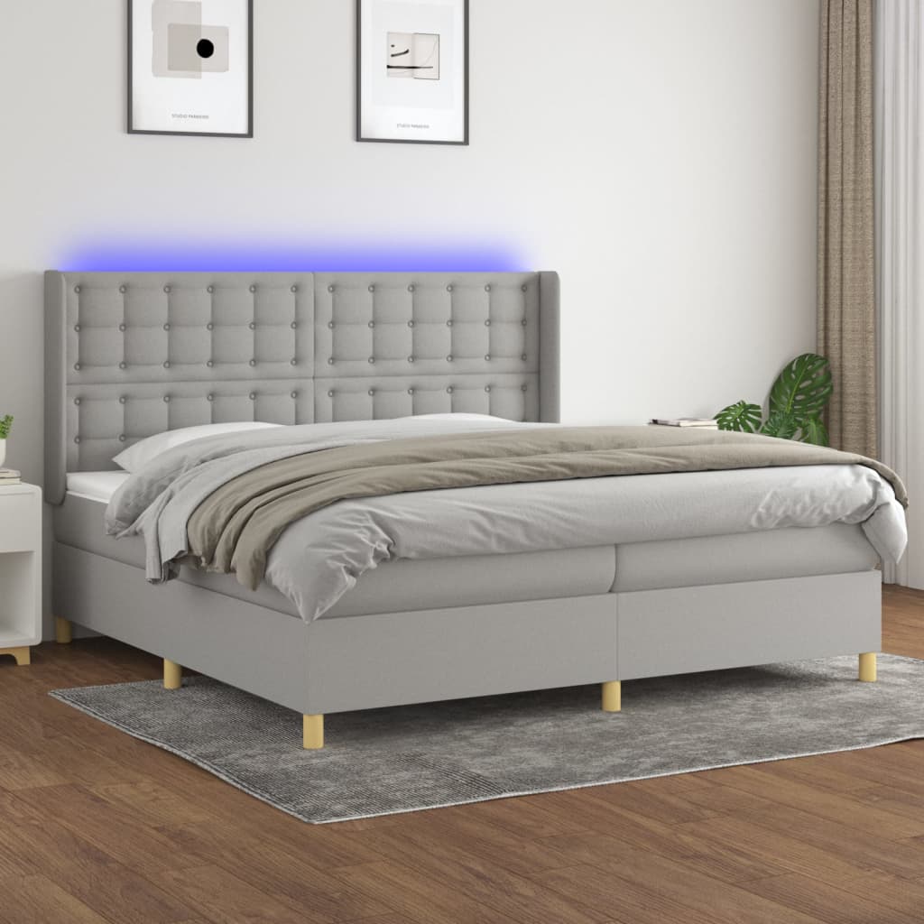 Cama Box Spring Con Colchón Tela Y Led Gris Claro 200x200 Cm / Vetonek_4