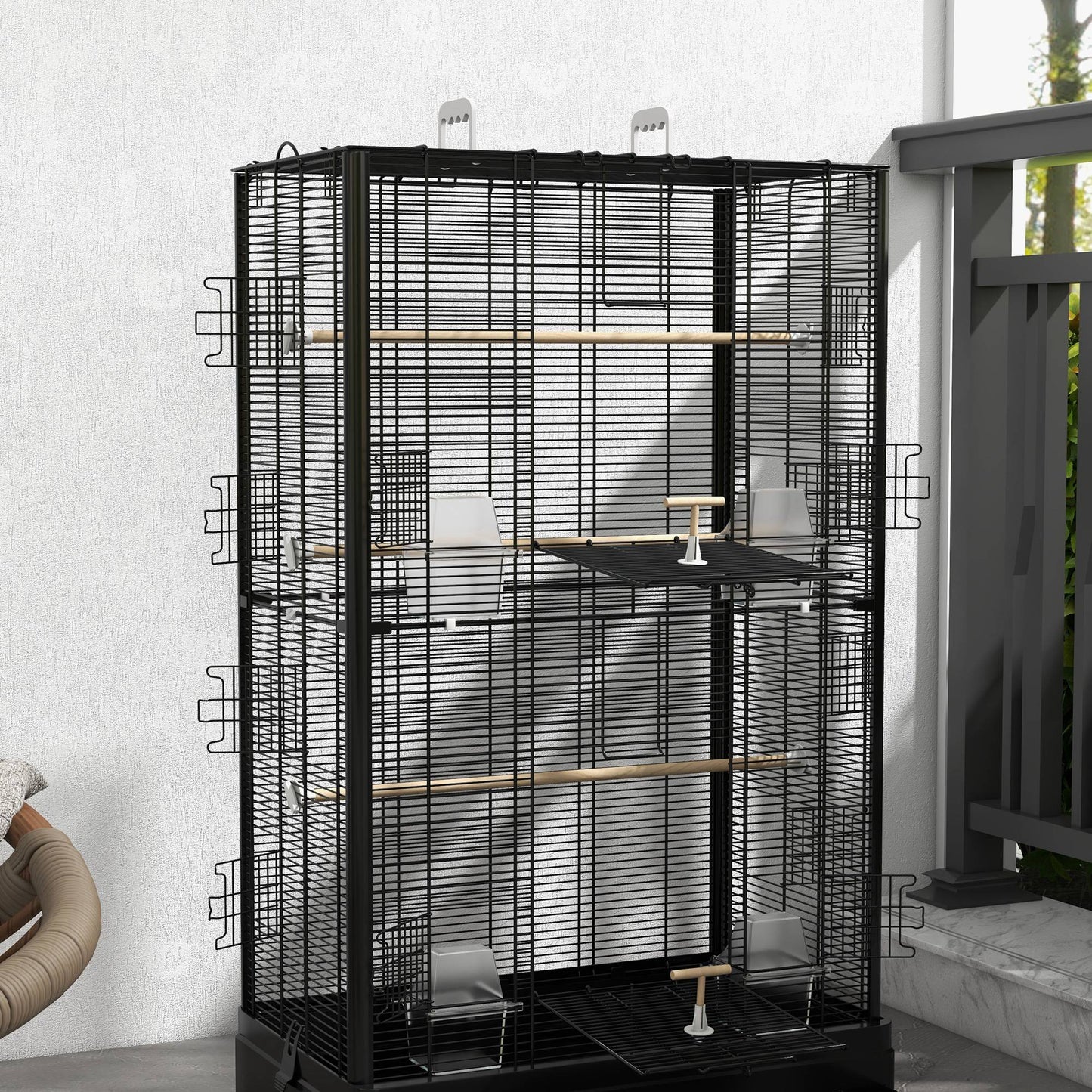 Pawhut Jaula Para Pájaros 61x36,5x98 Cm Con Puertas Perchas Bandeja Negro_4