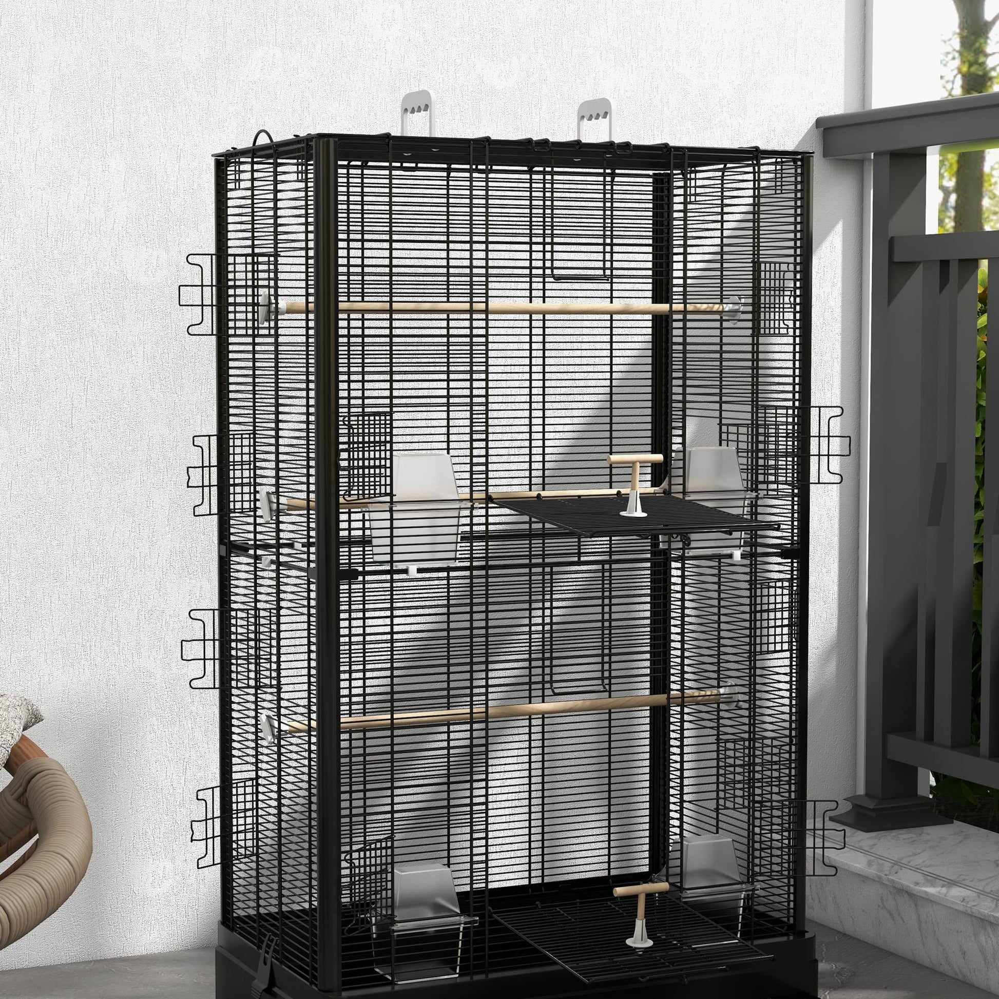Pawhut Jaula Para Pájaros 61x36,5x98 Cm Con Puertas Perchas Bandeja Negro_4