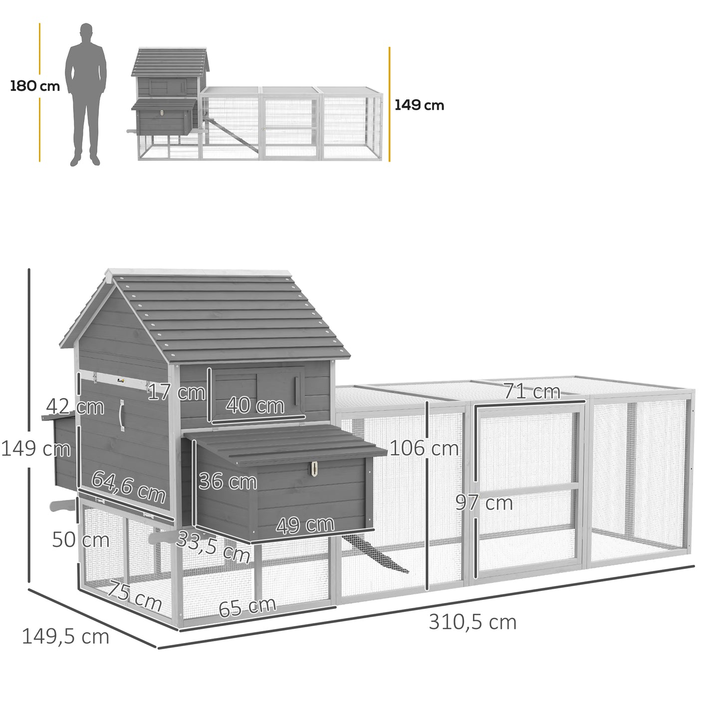Pawhut Gallinero Grande De Madera 310,5x149,5x149 Cm Para 4-6 Gallinas Gris_2