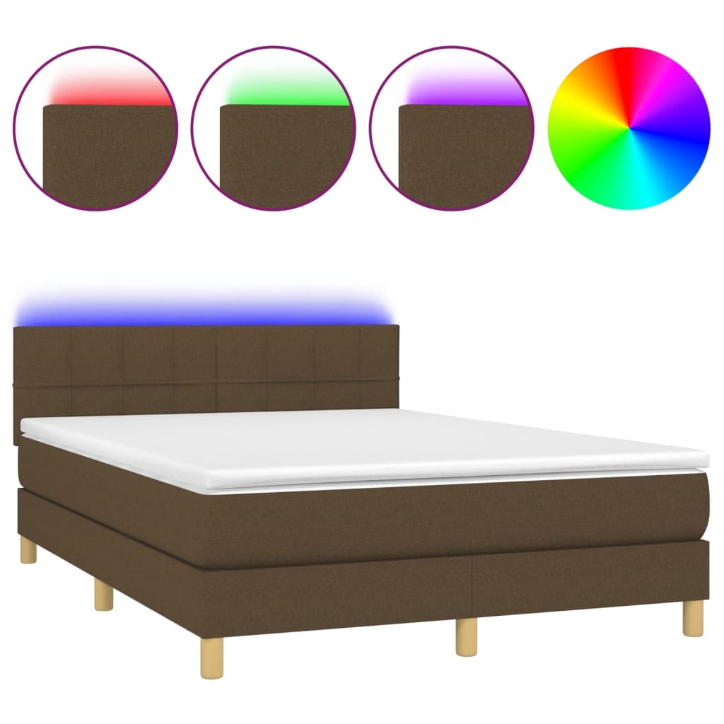 Cama Box Spring Con Colchón Led Tela Marrón Oscuro 140x200 Cm / Vetonek_0