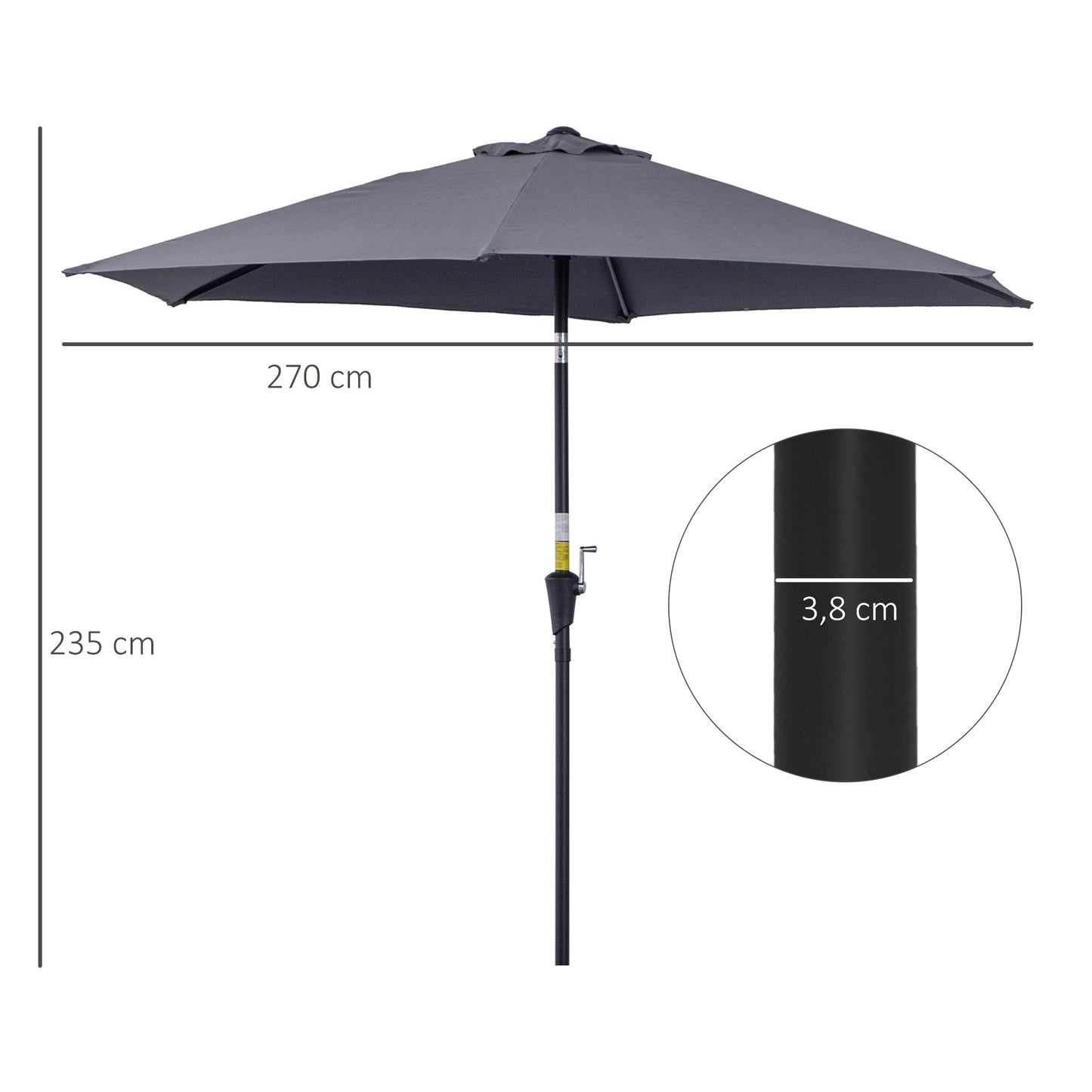 Outsunny Sombrilla De Jardín Ø260x235cm Reclinable Con Manivela 6 Varillas Gris_2