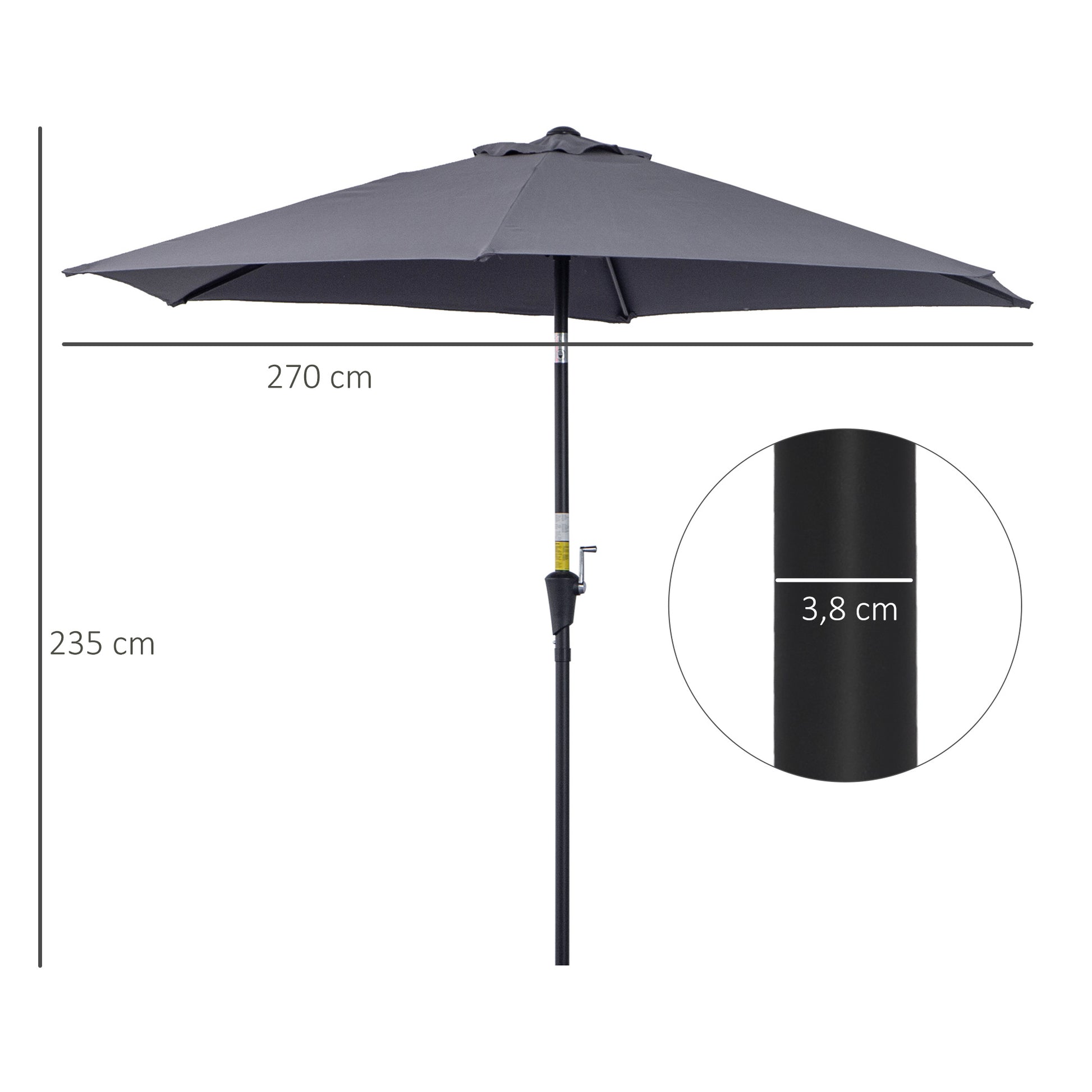 Outsunny Sombrilla De Jardín Ø260x235cm Reclinable Con Manivela 6 Varillas Gris_2